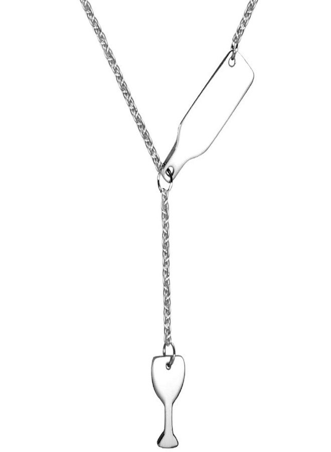 Jude Jewelers Stainless Steel Wine Bottle and Glass Sliding Charm Collar Cocktail Party Bar Necklace (Silver) - Image 1