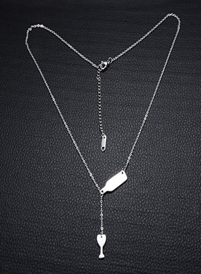 Jude Jewelers Stainless Steel Wine Bottle and Glass Sliding Charm Collar Cocktail Party Bar Necklace (Silver) - Image 4