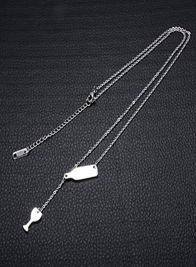 Jude Jewelers Stainless Steel Wine Bottle and Glass Sliding Charm Collar Cocktail Party Bar Necklace (Silver) - Image 5