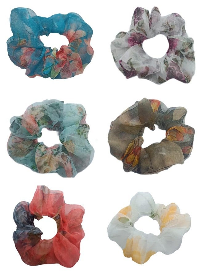 IBDA مجموعة إيبدا المكونة من 6 قطع من ربطات الشعر المطاطية الملونة والمزينة بالزهور من الأورجانزا، مثالية للنساء لتثبيت ذيل الحصان. - Image 1