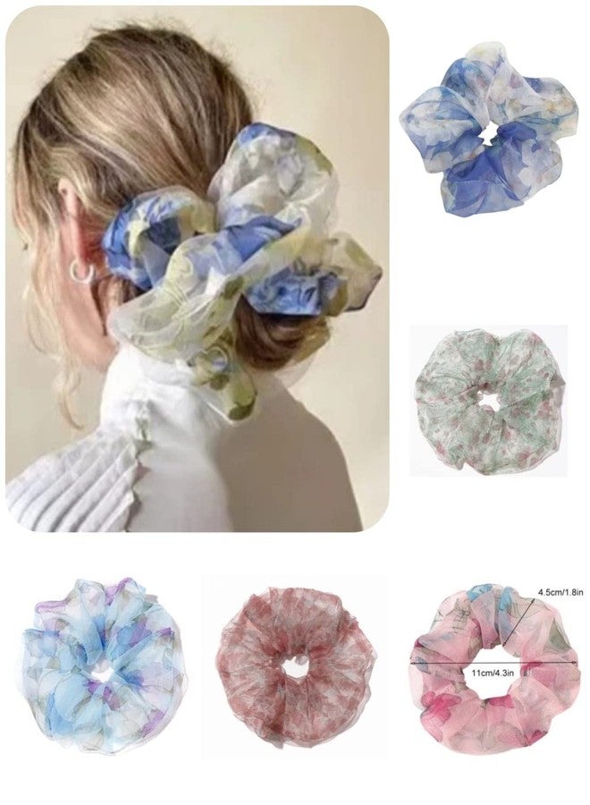 IBDA مجموعة إيبدا المكونة من 6 قطع من ربطات الشعر المطاطية الملونة والمزينة بالزهور من الأورجانزا، مثالية للنساء لتثبيت ذيل الحصان. - Image 2