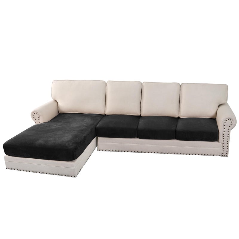 HVERSAILTEX Velvet Stretch Sectional Couch Covers 4 Pieces Sofa Seat Cushion Covers L Shape Separate Cushion Couch Chaise Cover for Both LeftRight Couch Large Sofa 3 Seater 1 Chaise Black