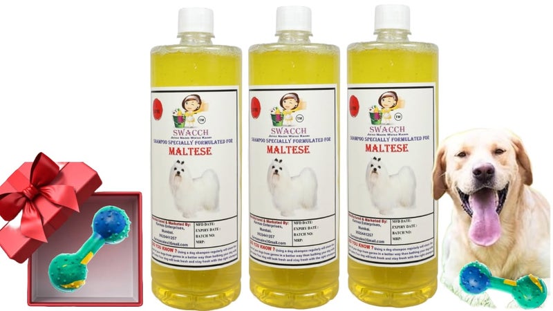 swacch Maltese Dog Shampoo + Dumbbell Toy I Durable Rubber Dog Toy for Chewing I Playing,Teeth Cleaning & Training Toy I Combo Pack I 1 Litre Pack of 3 Lemon - Image 1