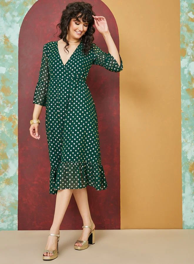 Styli Foil Print Flared Sleeves Wrap Midi Dress