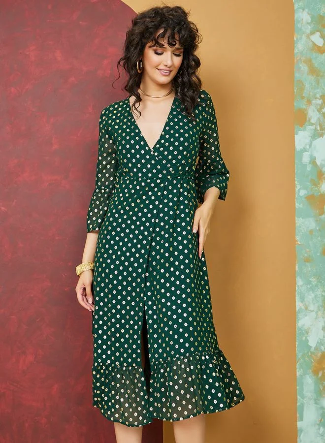 Styli Foil Print Flared Sleeves Wrap Midi Dress