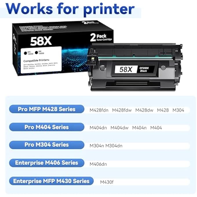 58X CF258X TONER CARTRIDGE BLACK REPLACEMENT FOR 58X CF258X 58A CF258A HIGH YIELD BLACK TONER CARTRIDGES WORK WITH LASER JET PRO M404DW M406DN M404DN M404N MFP M430F M428FDN PRINTER TONER (2 BLACK) - Image 3