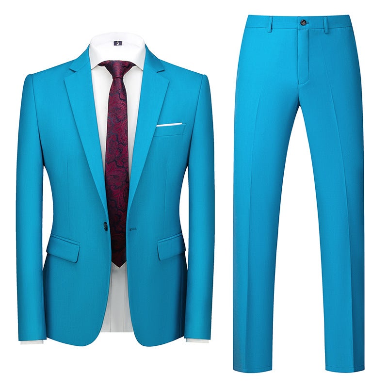 Special Slim Korean Suit Wedding One-Button Two-Piece 3D Sky Blue - Image 1