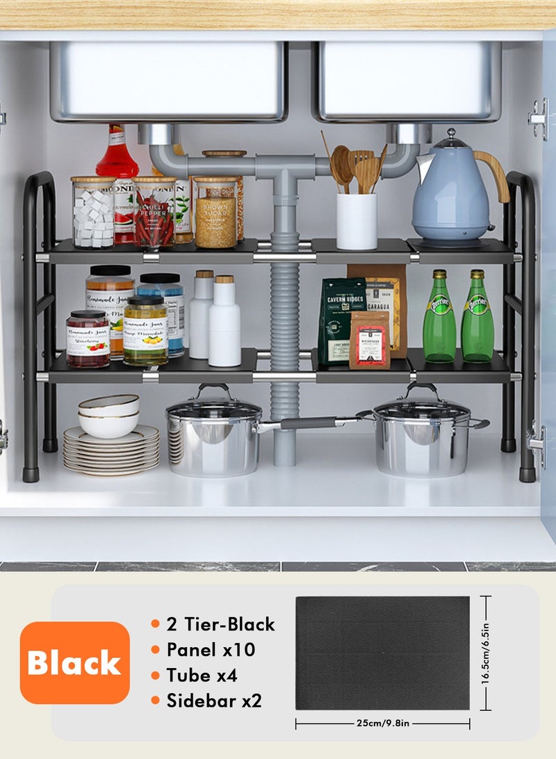 هومار كيت رف منظم أسفل حوض المطبخ، رف خزانة قابل للتمدد مع ألواح قابلة للإزالة لتخزين المطبخ والحمام، أسود (10 ألواح) - Image 2