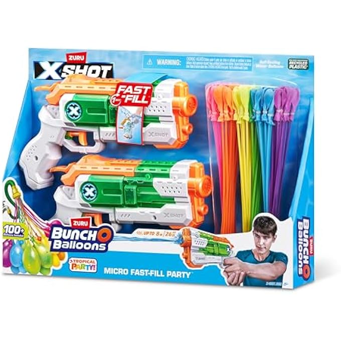 X-SHOT WATER COMBO FAST FILL BLASTER SET WITH 2 MICRO WATER GUNS AND 3 TROPICAL PARTY BUNCH O BALLOONS, QUICK FILL & TIE 100 BALLOONS IN 60 SECONDS, OUTDOOR SUMMER WATER TOY PACK - Image 4