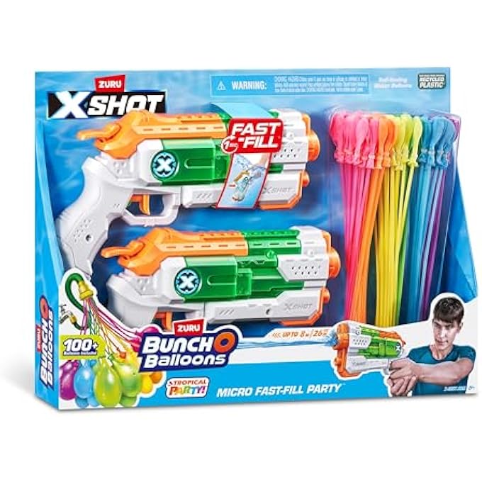 X-SHOT WATER COMBO FAST FILL BLASTER SET WITH 2 MICRO WATER GUNS AND 3 TROPICAL PARTY BUNCH O BALLOONS, QUICK FILL & TIE 100 BALLOONS IN 60 SECONDS, OUTDOOR SUMMER WATER TOY PACK - Image 1