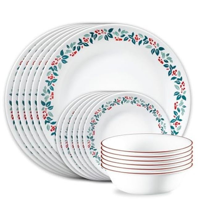 Corelle Vitrelle 18-Piece Christmas Service for 6 Dinnerware Set, Triple Layer Glass and Chip Resistant, Lightweight Round Holiday Plates and Bowls Set, Winter Berries