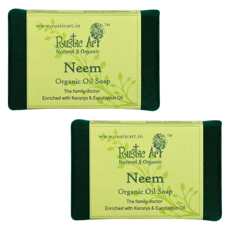 Rustic Art Organic Neem Basil Soap  For body acne back acne daily use  For Women  Men  100g Pack of 2 - Image 1