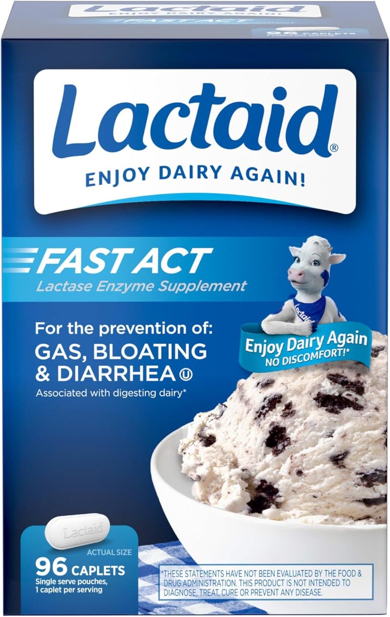 Lactaid Fast Act Lactose Intolerance Caplets with Lactase Enzyme to Prevent Gas, Bloating & Diarrhea Due to Digesting Dairy, Ideal for Travel & On-The-Go, 96 Travel pks of 1 ct.