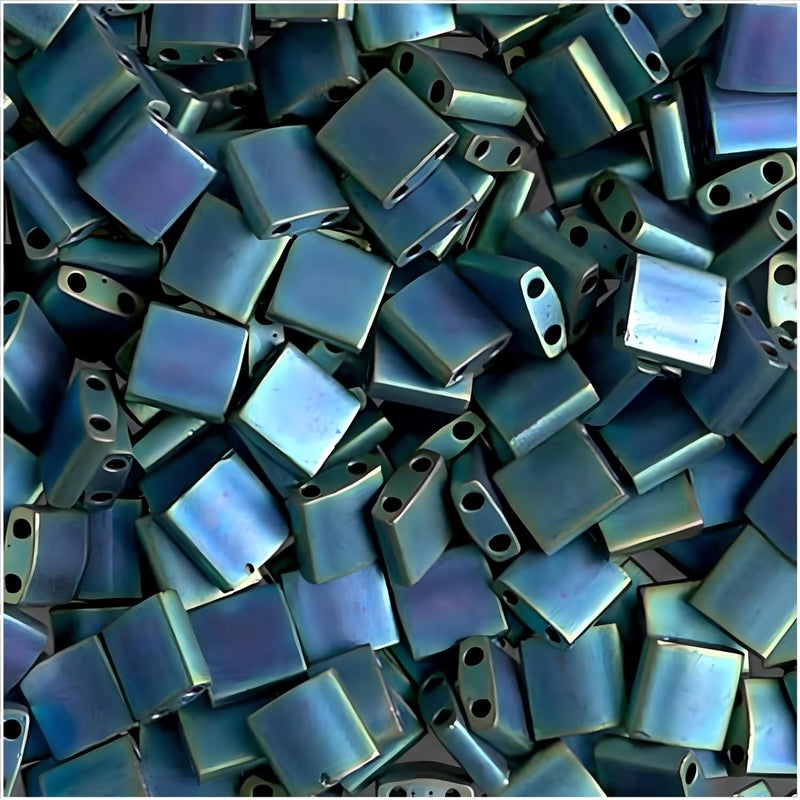 Miyuki Tila 2 Hole Square Beads 5mm - Matte Metal Blue Green 7.2 Grams - Image 1