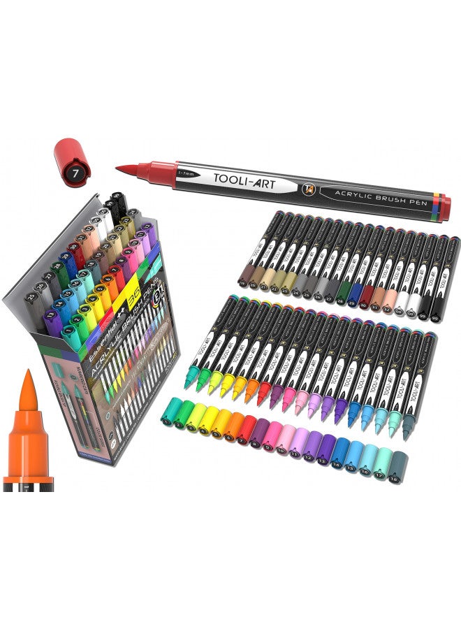 TOOLI-ART 36 Flexible Brush Tip Acrylic Paint Pens Markers Set 1-7mm Line for Rock Painting, Brush Lettering, Scrapbooking, Glass, Mugs, Wood, Metal, Canvas, Fabric, Plastic. Non Toxic Waterbased Quick Drying - Image 1