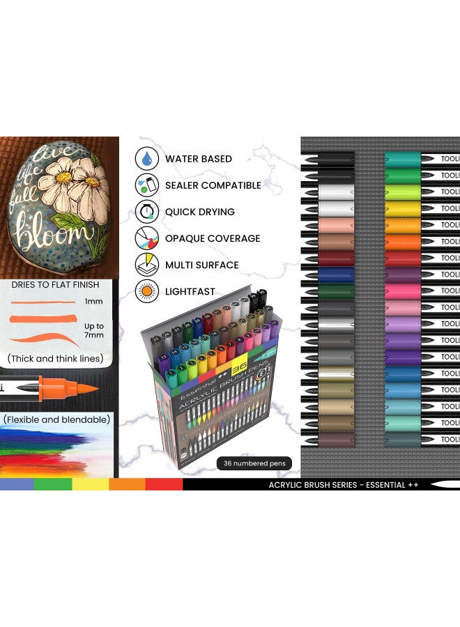 TOOLI-ART 36 Flexible Brush Tip Acrylic Paint Pens Markers Set 1-7mm Line for Rock Painting, Brush Lettering, Scrapbooking, Glass, Mugs, Wood, Metal, Canvas, Fabric, Plastic. Non Toxic Waterbased Quick Drying - Image 5