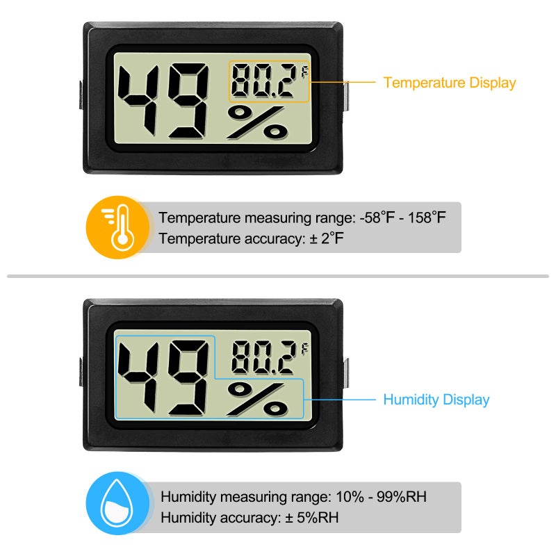Weewooday Mini Digital Temperature Humidity Meters Gauge with Probe Gauge LCD Fahrenheit Display Thermometer Hygrometer for Incubator Reptile Plant Greenhouse Chicken Coop Garden(Black, 3 Pieces) - Image 3