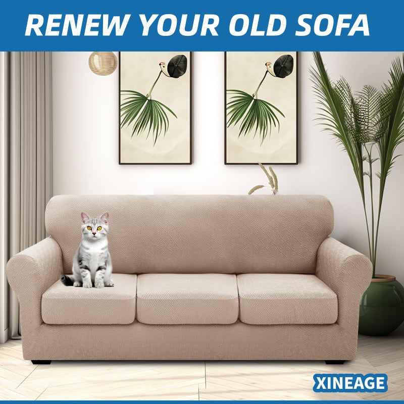 XINEAGE أغطية أرائك XINEAGE 2026 الجديدة 4 قطع لأريكة بثلاث وسائد، غطاء أريكة سميك ومرن للغاية، غطاء أريكة مضاد للانزلاق، واقي للأثاث للكلاب والقطط (كاكي، 71"-91") - Image 3