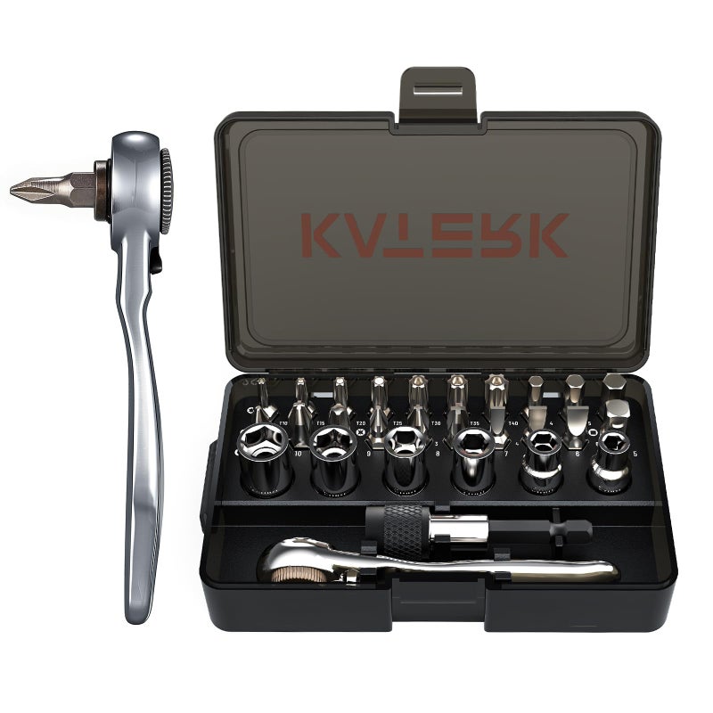 Katerk 28 in 1 Mini Screwdriver Set, 72-Tooth Quick-Release Reversible, 1/4 Mini Ratchet Wrench Set, Right Angle Ratcheting Screwdriver Set and Bit with Metric Socket Set for Tight Spaces - Image 1