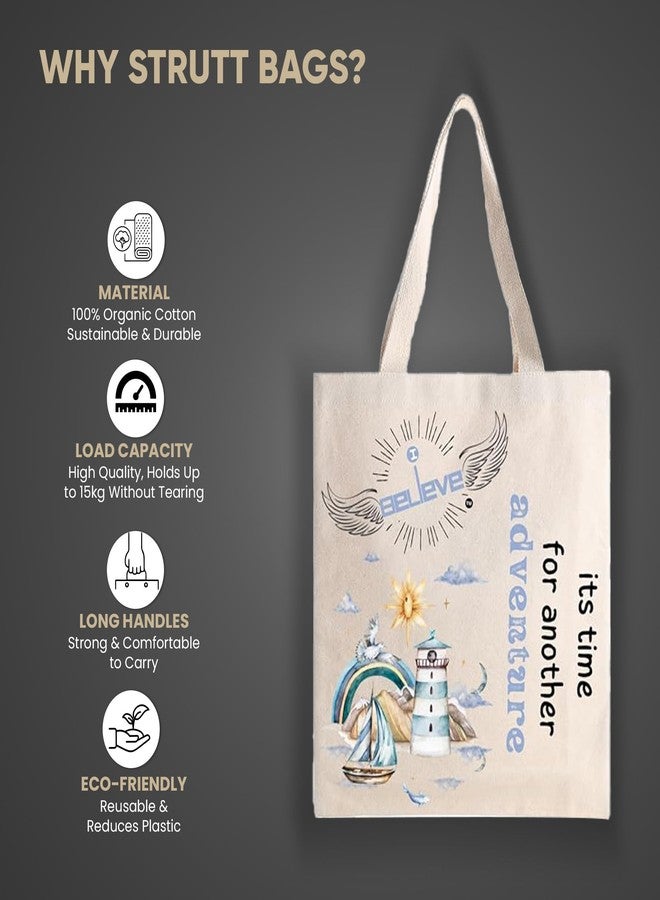 STRUTT Foldable Canvas Tote Bag for Women, Tote Bag for College Girls,100% Organic Cotton Reusable Shopping Bag for Grocery, Eco-Friendly Multi-Purpose Bag for Travel & Daily Use - in Adventures - Image 2