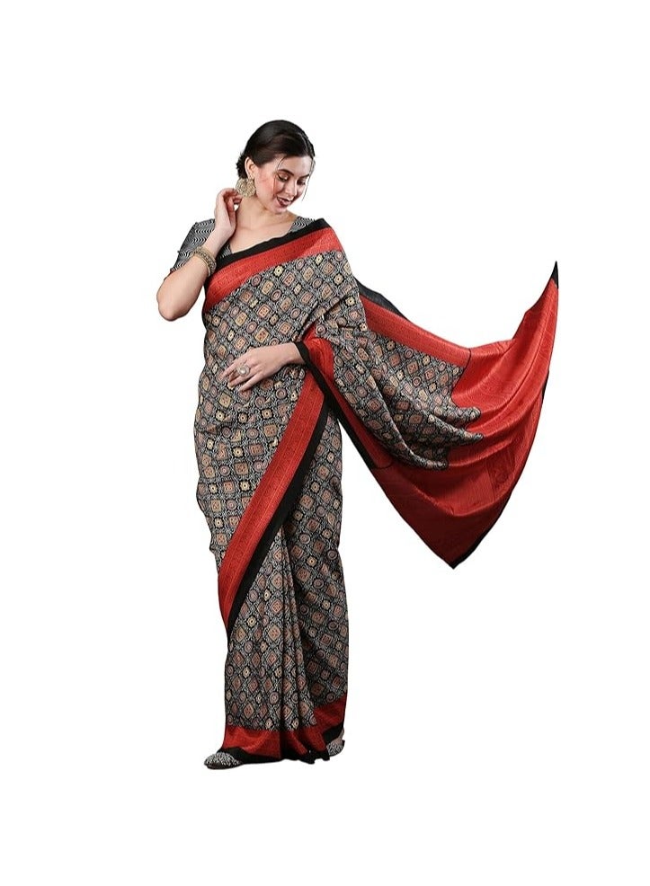 مملكة الإكسسوارات ساري حريري من Ajrak للسيدات مع قطعة بلوزة غير مخيطة  - Image 1