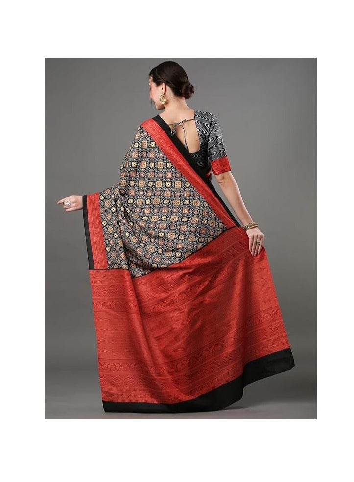 مملكة الإكسسوارات ساري حريري من Ajrak للسيدات مع قطعة بلوزة غير مخيطة  - Image 2