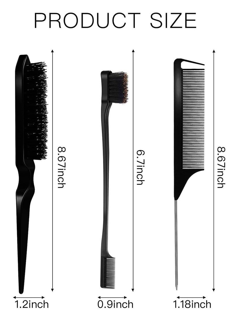 بونيتو 3 قطع مجموعة فرشاة ناعمة فرشاة شعر ذات شعيرات مشط تمشيط فرشاة شعر حافة مشط العناية مشط ذيل الفأر المتين للنساء والأطفال الرضع (أسود) - Image 3