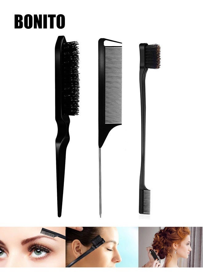 بونيتو 3 قطع مجموعة فرشاة ناعمة فرشاة شعر ذات شعيرات مشط تمشيط فرشاة شعر حافة مشط العناية مشط ذيل الفأر المتين للنساء والأطفال الرضع (أسود) - Image 2