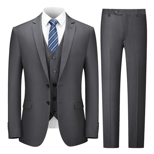 Cooper & Nelson 3 Piece Mens Suit Set, 2 Button Slim Fit Suit for Men, Solid Jacket, Vest, Pants and Tie Dark Grey XS - Image 1