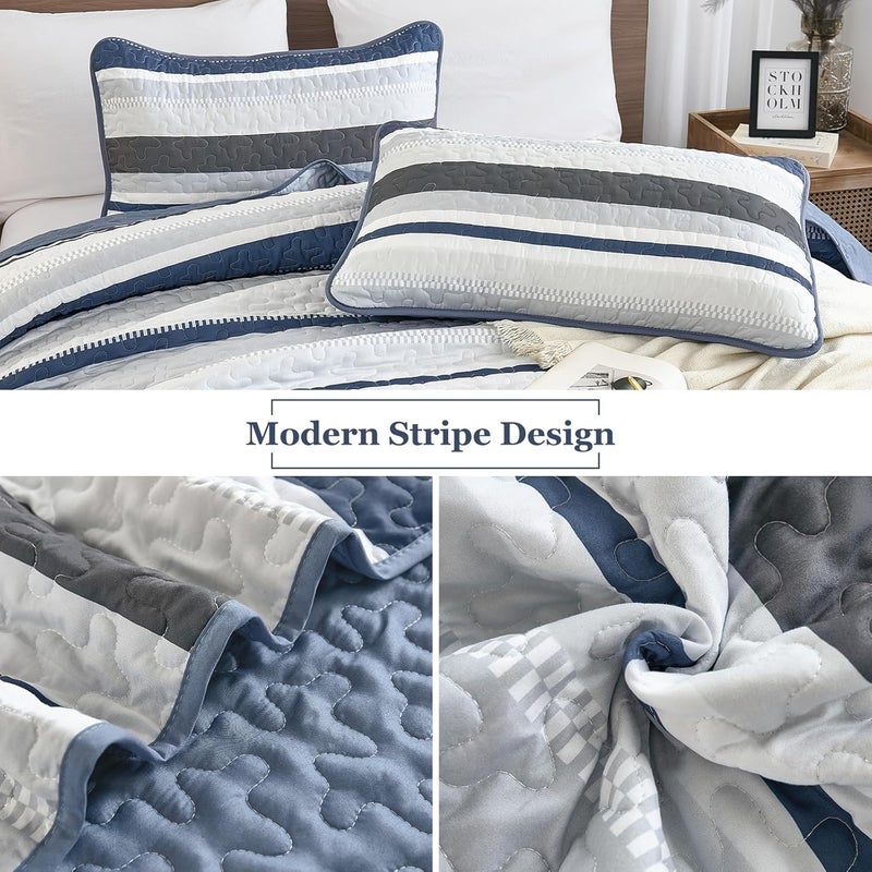 WONGS BEDDING مجموعة بطانيات من WONGS لحجم كينغ سايز، تتكون من 3 قطع: غطاء سرير بألوان زرقاء معدنية مخطوطة، بالإضافة إلى 2 وسادة، مجموعة أغطية ناعمة وخفيفة الوزن، مقاس 110" × 90". - Image 5
