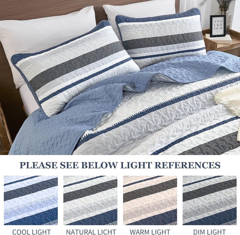 WONGS BEDDING مجموعة بطانيات من WONGS لحجم كينغ سايز، تتكون من 3 قطع: غطاء سرير بألوان زرقاء معدنية مخطوطة، بالإضافة إلى 2 وسادة، مجموعة أغطية ناعمة وخفيفة الوزن، مقاس 110" × 90". - Image 4