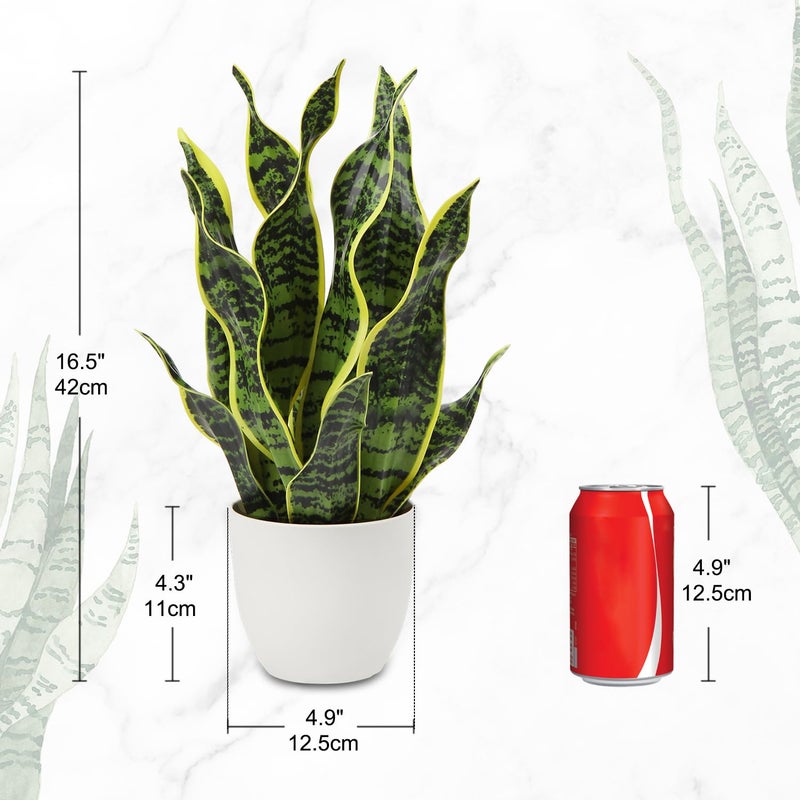 Hollyone Artificial Snake Plant Potted Faux Sansevieria Trifasciata Plants, 16.5" Tropical Fake Snake Plants in White Pots for Home Office Room Indoor Decor Housewarming Gifts - Image 3