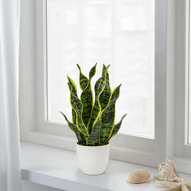 Hollyone Artificial Snake Plant Potted Faux Sansevieria Trifasciata Plants, 16.5" Tropical Fake Snake Plants in White Pots for Home Office Room Indoor Decor Housewarming Gifts - Image 5