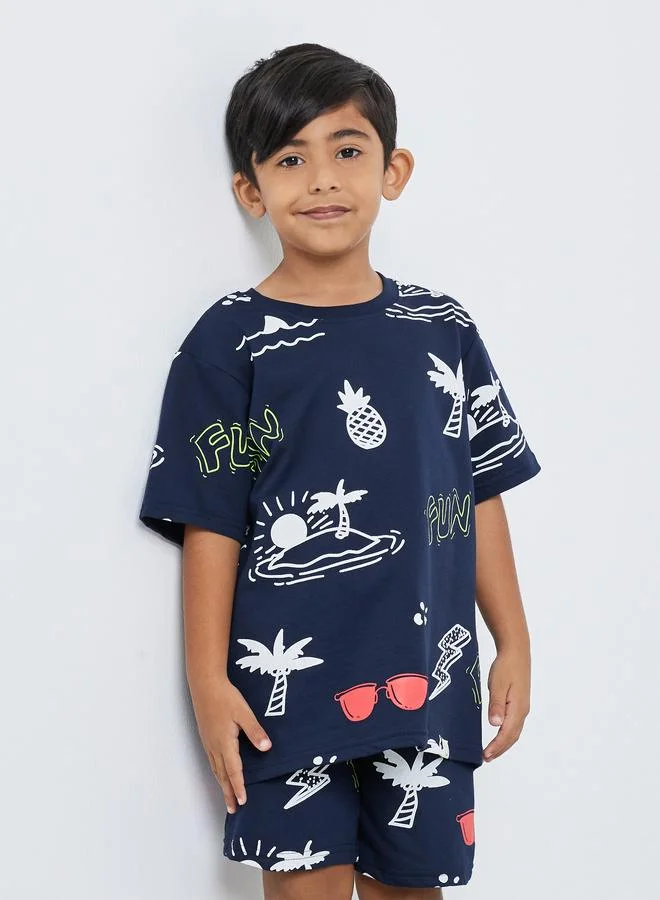 Styli Styli Boys Blue Tropical Print T-Shirt and Shorts Set