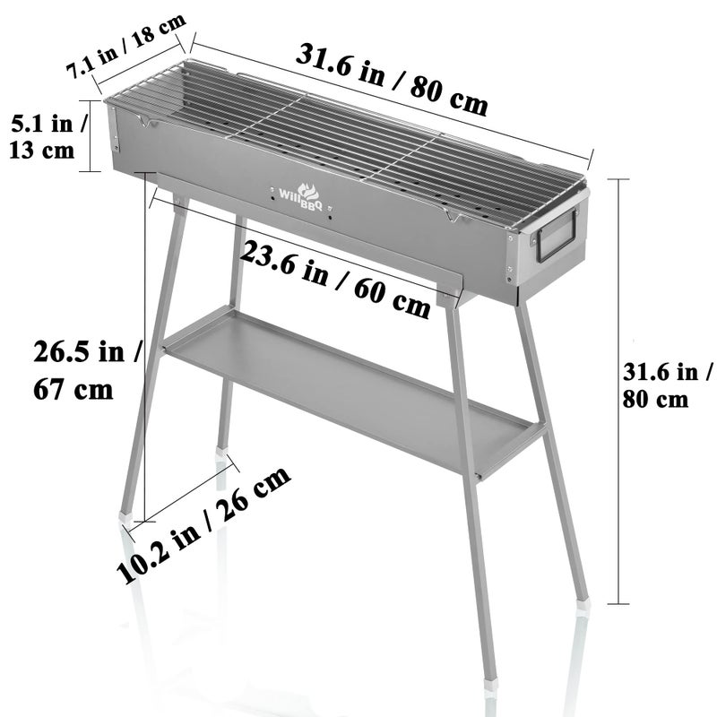 WILLBBQ Charcoal Grills Commercial Quality Portable Hibachi BBQ Lamb Skewer Folded Camping Barbecue Grill for Backyard Outdoor Cooking Use(31.6x7.1x5.1 inch) - The Perfect Gifts for Grill Lovers - Image 3