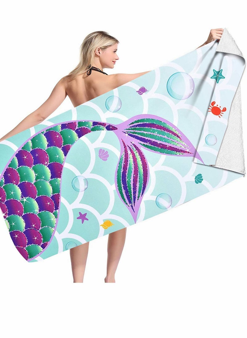 واي آند دي Kids Microfiber Beach Towel Large 150x70CM Cute Mermaid Lightweight Sand Free Fast Quick Dry Travel Pool Blanket Pefect for Children Gym Camping Yoga Outdoor Picnic - Image 2