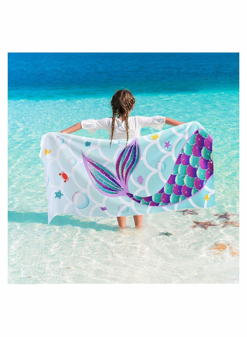 واي آند دي Kids Microfiber Beach Towel Large 150x70CM Cute Mermaid Lightweight Sand Free Fast Quick Dry Travel Pool Blanket Pefect for Children Gym Camping Yoga Outdoor Picnic - Image 1
