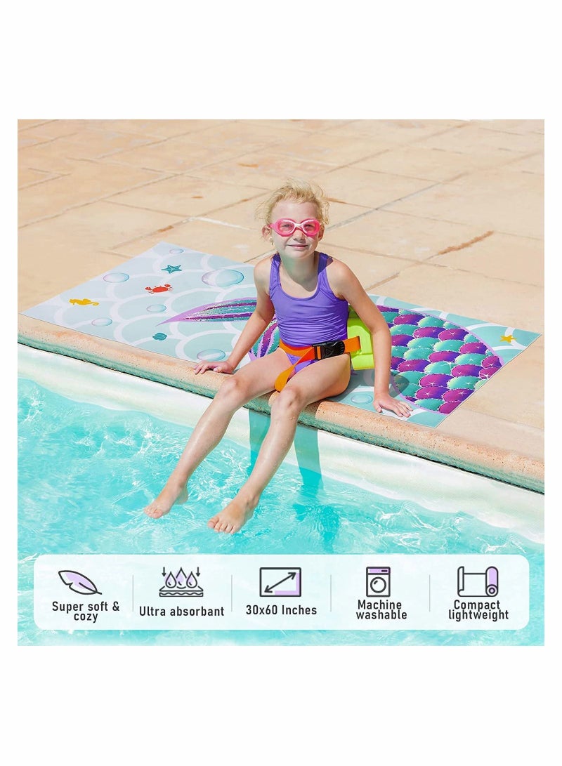 واي آند دي Kids Microfiber Beach Towel Large 150x70CM Cute Mermaid Lightweight Sand Free Fast Quick Dry Travel Pool Blanket Pefect for Children Gym Camping Yoga Outdoor Picnic - Image 3