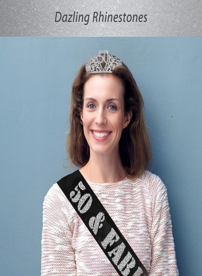 MEANT2TOBE 50th Birthday Sash and Tiara for Women - Fabulous Glitter Sash + Flowers Rhinestone Silver Premium Metal Tiara for Her, 50th Birthday Gifts for 50 Party - Image 5