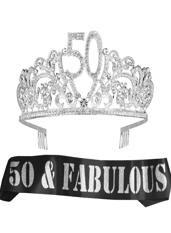 MEANT2TOBE 50th Birthday Sash and Tiara for Women - Fabulous Glitter Sash + Flowers Rhinestone Silver Premium Metal Tiara for Her, 50th Birthday Gifts for 50 Party - Image 1