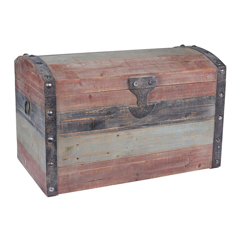 Household Essentials Large Wooden Storage Trunk Weathered Wood with Paint Finish Hinged Lid with Metal Accents