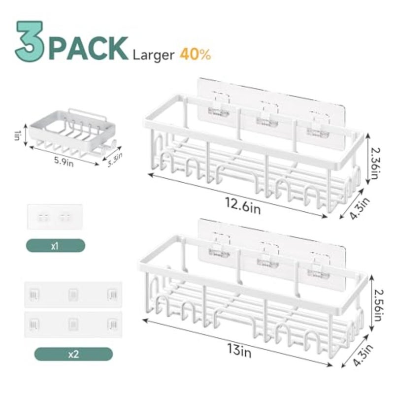 Shower Caddy 3-Pack, Advanced Rustproof Design, No Drilling Adhesive Shelves, Rack with Soap Holder, Large Capacity Bathroom Organizers and Storage, Wall-Mounted Kitchen and Home Decor, White - Image 5