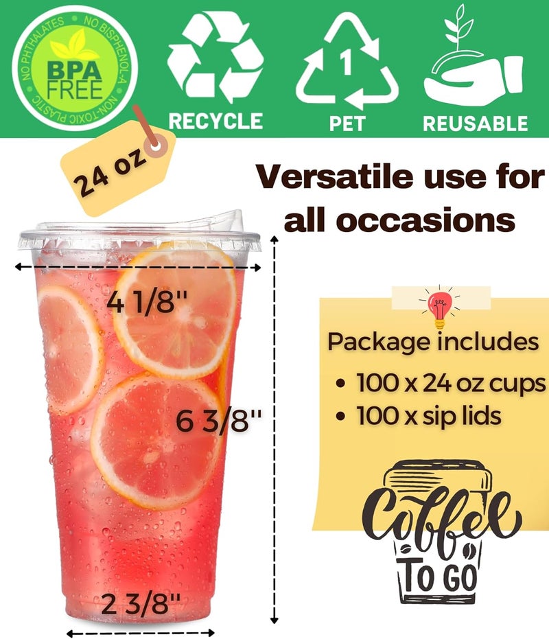 Aatriet 100 Pack 24 oz Clear Plastic Cups with Strawless-Sip-Lids, Disposable Cups Plastic Iced Coffee Cups, To Go Cups with Sip Through Lids for Smoothie, Milkshake, Cold Drinks for Party, Wedding, Event - Image 4