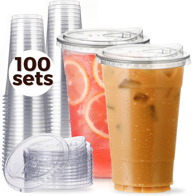 Aatriet 100 Pack 24 oz Clear Plastic Cups with Strawless-Sip-Lids, Disposable Cups Plastic Iced Coffee Cups, To Go Cups with Sip Through Lids for Smoothie, Milkshake, Cold Drinks for Party, Wedding, Event - Image 1