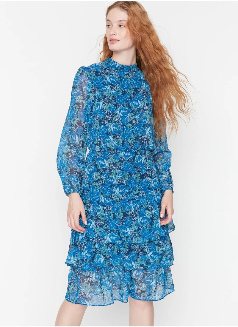 trendyol Floral Print Puff Sleeve Ruffle Dress