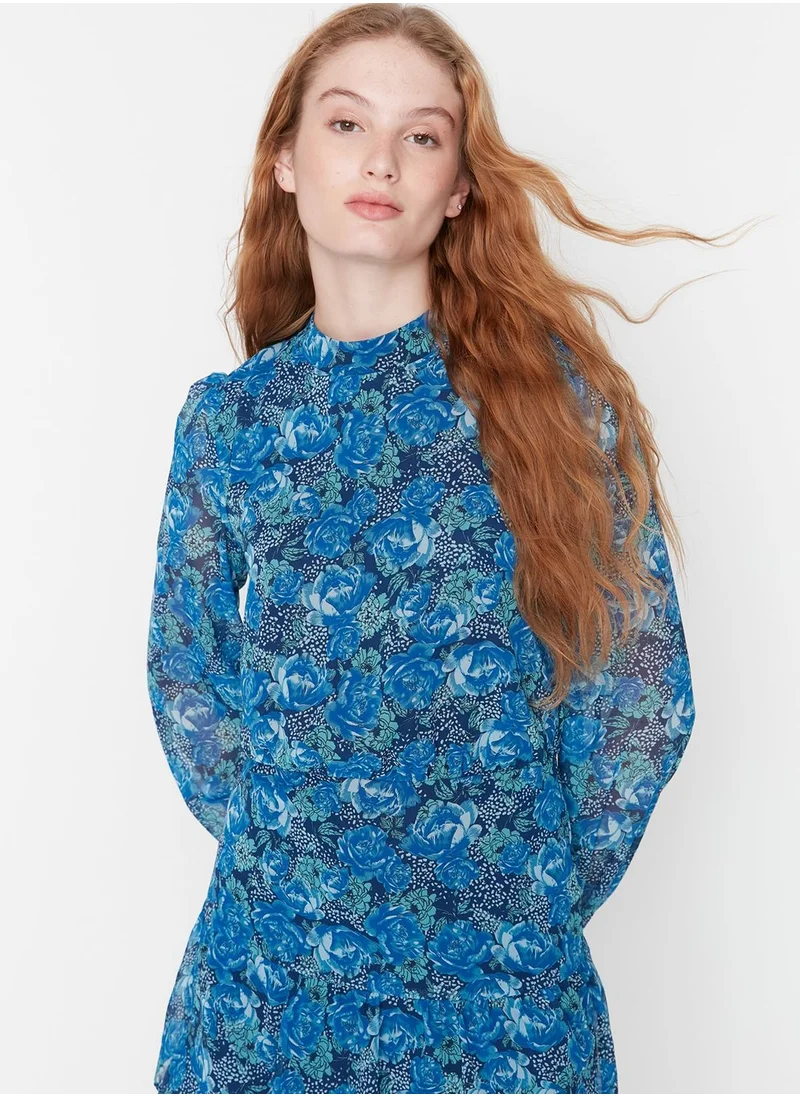 trendyol Floral Print Puff Sleeve Ruffle Dress