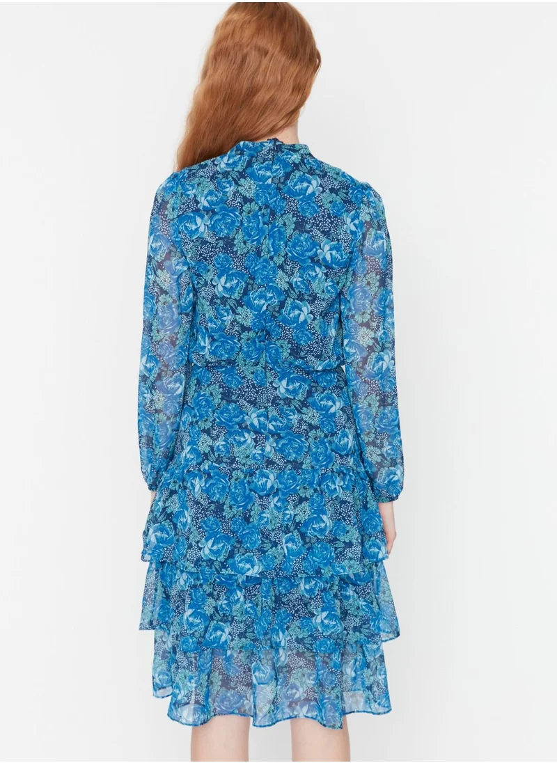 trendyol Floral Print Puff Sleeve Ruffle Dress