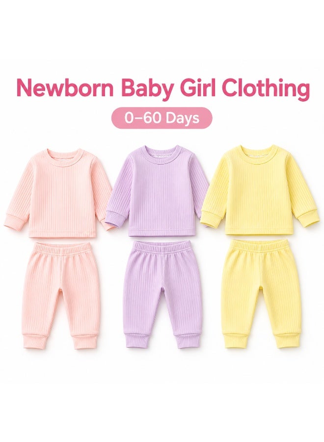 Newborn Baby Girls Sleepwear 3 Complete Outfits | 0–60 Days | Soft Ribbed Fabric | Long Sleeve Baby Clothing | Lovely Girl Colors - Image 1