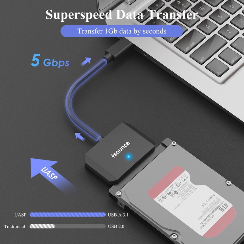 Sounce SATA Cable USB 3.0 to SATA III Hard Disk Connector for 3.5 2.5 inch SSD & HDD Hard Drive Disk and SATA Optical Drive with 12V 2A Power Adapter External Hard Disk Adapter Support UASP - Black - Image 5