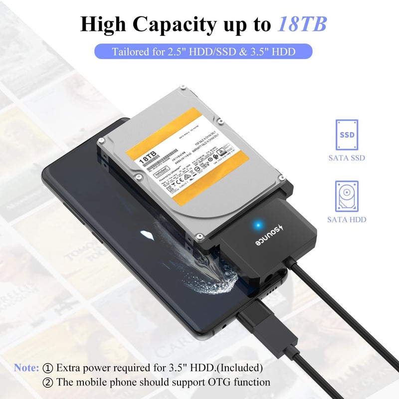 Sounce SATA Cable USB 3.0 to SATA III Hard Disk Connector for 3.5 2.5 inch SSD & HDD Hard Drive Disk and SATA Optical Drive with 12V 2A Power Adapter External Hard Disk Adapter Support UASP - Black - Image 3